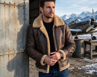 Men's B3 Aviator Bomber Jacket Real Sheepskin Leather, Faux Fur Lined Winter Coat