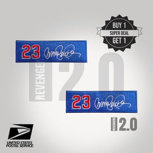 May include: Two blue embroidered patches with the number 23 in red and a white signature. The patches have the word "REVENGE" printed vertically. A "BUY 1 GET 1" deal is advertised.
