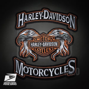 3 PCS Harley Davidson Orange Double Eagle 12 Inch Embroidery Patch Iron On Sew On Ship From USA Motorcycle Jacket Big Patches