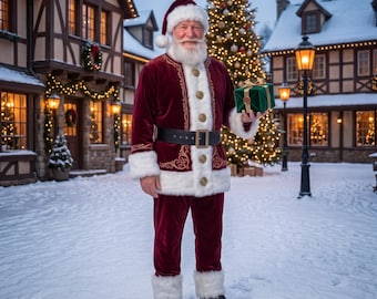 Velvet Santa Suit, Golden Embroidery, Faux Fur Trim, Complete Father Christmas Costume