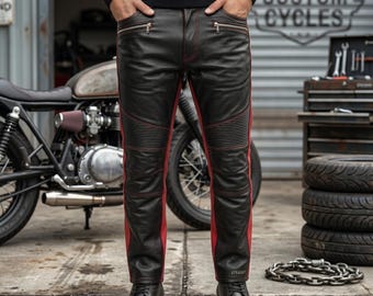 Handmade Black Leather Biker Pants with Red Stitched Stripes and Padded Knees