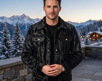 Herenjas van zwart leer met vacht | Luxe cowboyjas in westernstijl | Premium winterjas