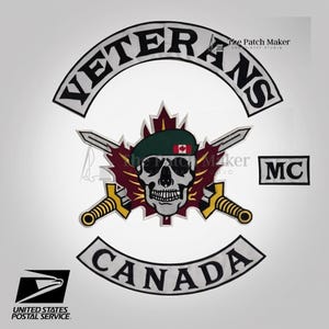 May include: A multi-piece embroidered patch set featuring a skull wearing a green beret with a Canadian flag emblem, centered over a maroon maple leaf and two crossed swords. The text VETERANS appears above, CANADA below, and MC to the side.