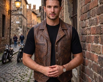 Handmade Men's Distressed Brown Leather Vest Vintage Biker Motorcycle Waistcoat