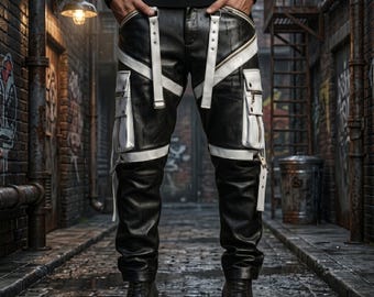 Svarta herrbyxor i läder, goth cargo, punkrock cyberpunk med vita remmar och fickor