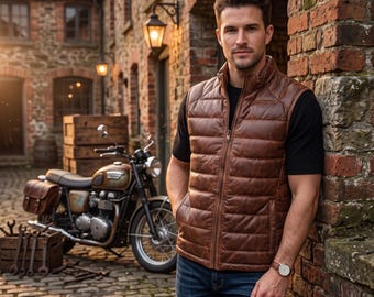 Men's Brown Leather Puffer Vest, Quilted Waistcoat, Motorcycle Biker Jacket