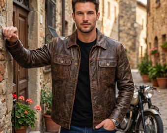 Men's Vintage Brown Sheepskin Leather Trucker Jacket | Outwear Casual Winter Coat