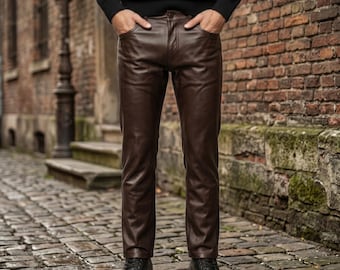Herrbyxor i äkta brunt läder - Slim fit-byxor, handgjorda bikerbyxor