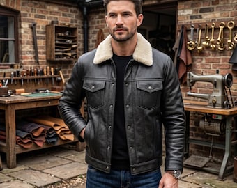 Men's Real Sheepskin Leather Trucker Jacket | Black Coat with Faux Fur Shearling Collar
