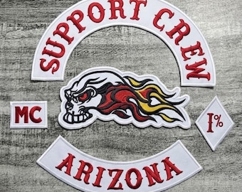5-Piece Biker Patch Set Support Crew Arizona Rocker & Flaming Skull 1% MC Embroidered Patches