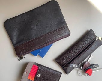 Handmade Brown Leather Zipper Pouch, Crocodile-Embossed Travel Organizer