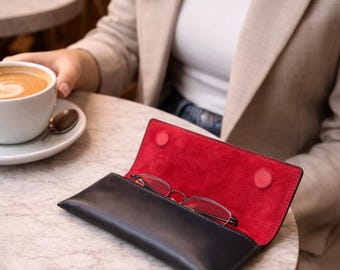 Black Italian Leather Sunglasses Case, Magnetic Close