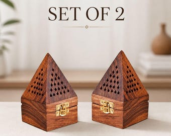 Lot de 2 boîtes porte-encens en bois | Brûleur Dhoop fait main | Cadeau déco parfum d'intérieur