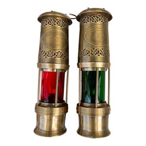 Vintage Brass Nautical Safety Lamp Set of 2 Red & Green Glass Signal Lanterns | Maritime Décor | Royal Navy Style 1920 Replica