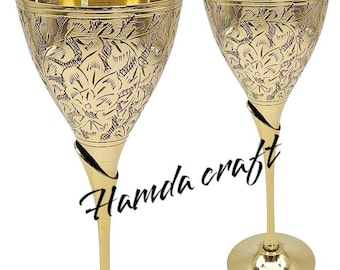 Engraved Brass Goblet Set (2pcs) – Handmade Wine or Champagne Chalices for Ceremony or Gift