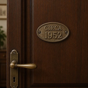 Puede incluir: Una puerta de madera marrón oscuro con un pomo de metal color latón con cerradura y una placa ovalada de latón fijada con tornillos. La placa tiene un fondo texturizado y el texto en relieve "CIRCA 1952" en la parte central.