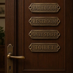 Könnte beinhalten: Eine dunkelbraune Holztür mit einem Messinggriff und vier rechteckigen Messingschildern mit abgeschrägten Kanten. Die Schilder sind mit den Wörtern BATHROOM, RESTROOM, ONLY STAFF und TOILET in einer klassischen Serifenschrift graviert.