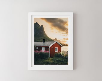 Norway Red Cabin Print | Reine Lofoten, Nordic Landscape Photography