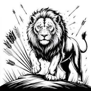 May include: A black and white illustration of a lion with a full mane, walking forward with arrows piercing its body. The lion is depicted on a rocky surface with arrows in the background, creating a dramatic effect.