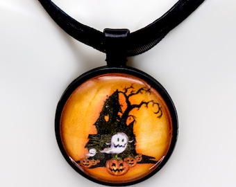 Black and Orange Haunted House Necklace