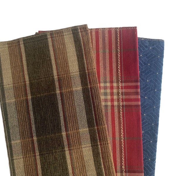Plaid upholstery fabric samples polyester lightweight three pieces blue red brown project fabric junk journal craft fabric