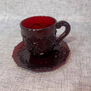Avon ruby red Cape Cod 1876 cup and saucer set with original box