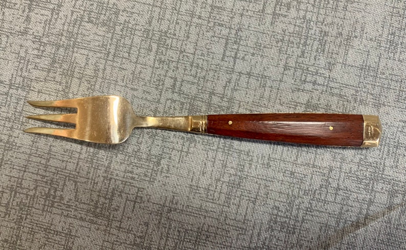 brass wood cake knife fork set Samrai Thailand midcentury kitchen image 4