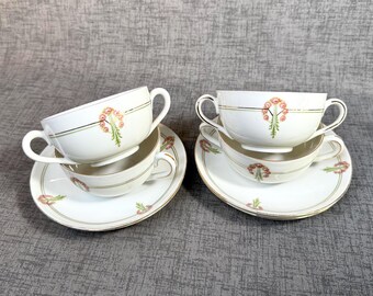 Antique Porcelain Cream Soup double handled bowl with matching saucer, set of four, MZ Austria