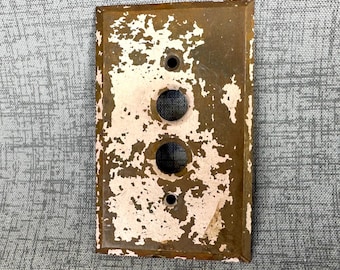 Antique brass push button switch plate, single gang wall plate, architectural salvage, historical restoration