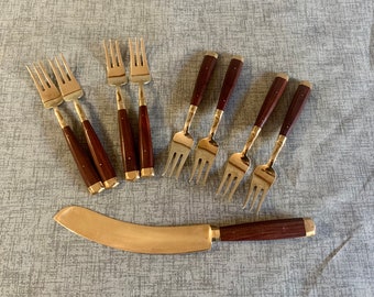 brass wood cake knife fork set Samrai Thailand midcentury kitchen