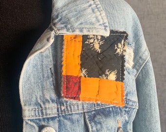 patch for jeans jacket quilted patch repurposed vintage quilt cutter quilt project sew on patch black orange/price for one patch