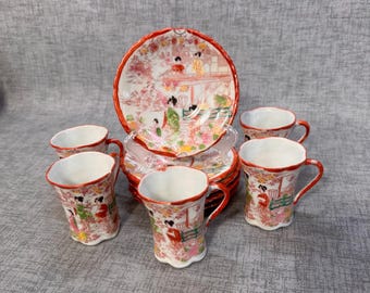 Hand Painted Japanese Geisha Tea Cup and Saucer Set