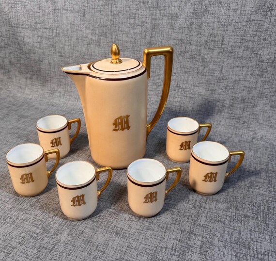 Rosenthale Bavaria coffee or tea pot with six demitasse cups monogram M