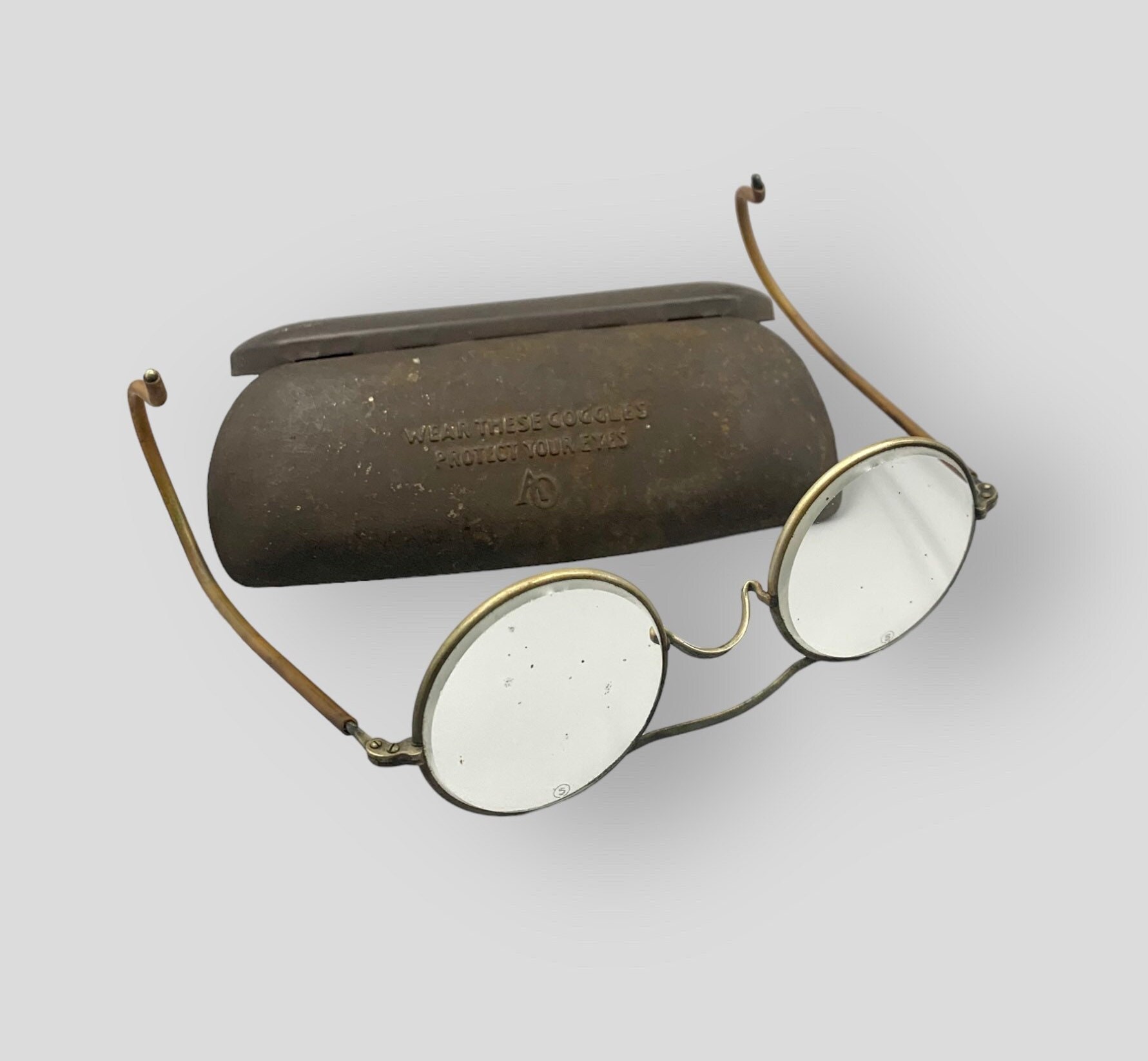 Antique Eye Glasses Goggles With Case Wire Rim Brass Wear