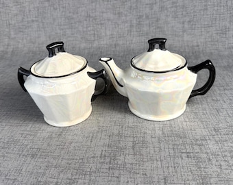 Czech Lusterware Sugar Creamer set. pearl iridescent with black trim