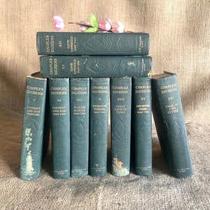 Charles Dickens classic hardcover books antique green decor books classic fiction / price is per each book