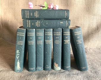 Charles Dickens classic hardcover books antique green decor books classic fiction / price is per each book
