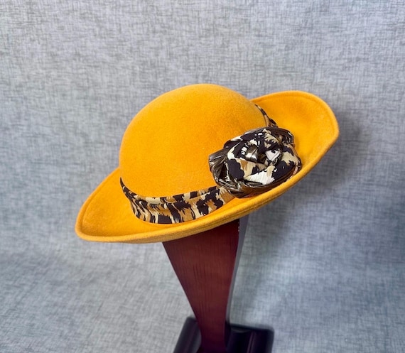Mustard Yellow Wide-Brim Fedora with Leopard Band Yellow Fedora Sun Hat. Distressed With Leopard Print  main image 4