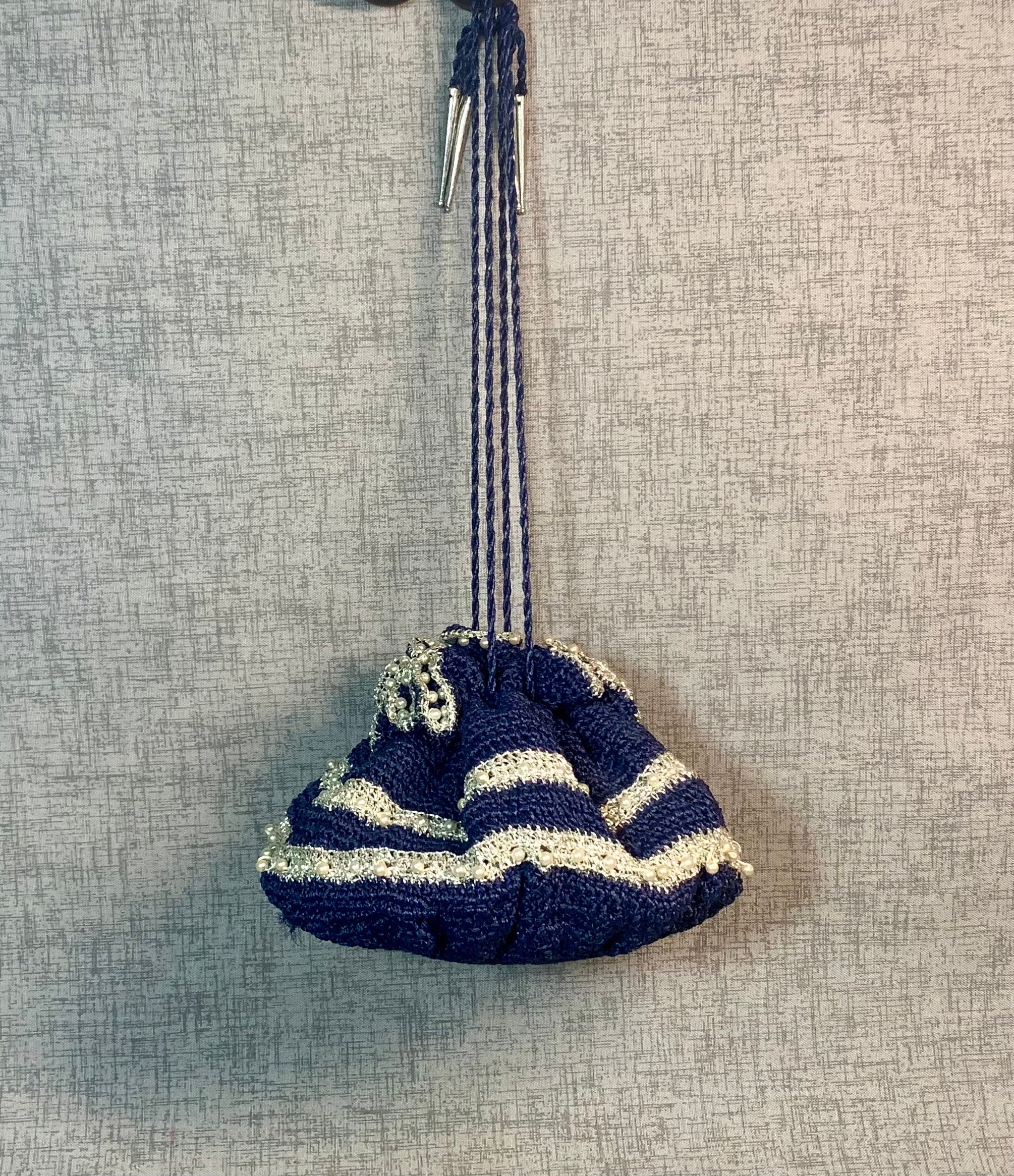 Purse String Woggle Navy Crochet Draw String Purse With Silver Beads Blue Evening Bag - Etsy