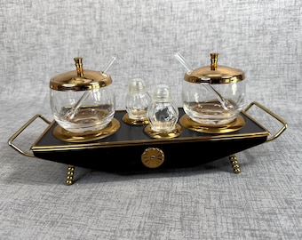 Mid Century black and gold metal condiment caddy glass pots & shakers