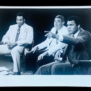 Muhammad Ali Howard Cosell Larry Holmes 1980 black and white photograph Boxing famous sports