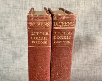 Charles Dickens Little Dorrit part one and two antique red cloth hardcover books early 1900s