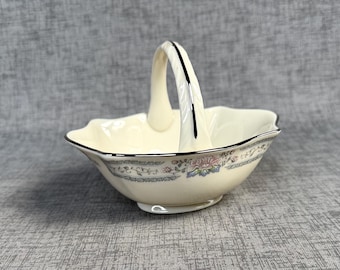 Lenox Charleston small handled basket candy dish, Ivory porcelain with platinum trim, floral design
