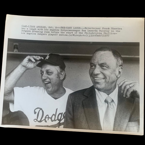 Lasorda Sinatra Dodgers 1970s baseball black and white photo