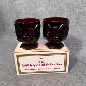Avon ruby red Cape Cod 1876 Footed Glass Set 2 glasses with original box