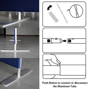 May include: A blue fabric divider with a silver base and aluminum poles. The poles connect with a push button. The image shows how to connect and disconnect the poles.