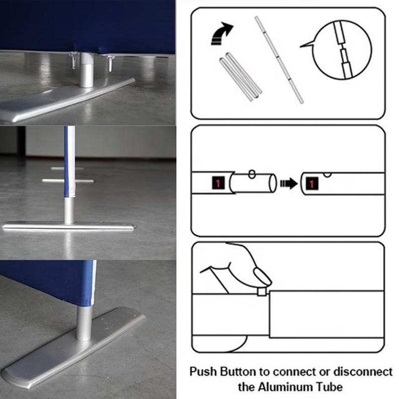 May include: A blue fabric divider with a silver base and aluminum poles. The poles connect with a push button. The image shows how to connect and disconnect the poles.