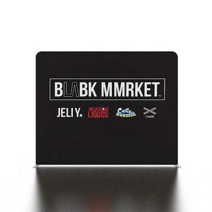 May include: Black backdrop with white text that reads "BLAK MMRKET" and the text "JELIY."  Below the text are four logos: "MILKSHAKE LIQUIDS", "Cake Monster", and "CHURR".