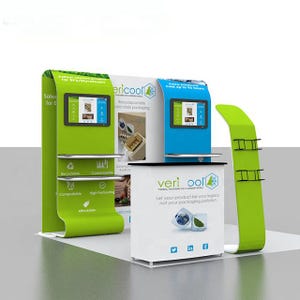 May include: A trade show booth with green and blue display stands. The booth features digital screens, shelves, and the text "veri ool" and "Let your product be your legacy not your packaging pollution."