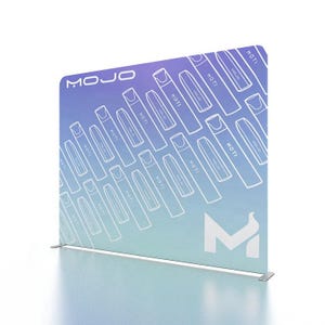 May include: A white backdrop with a gradient of blue and purple. The backdrop features a repeating pattern of white outlines of a vaping device with the word "MOTI" printed on it. The word "MOJO" is printed in white at the top of the backdrop. The letter "M" with a flame design is printed in white at the bottom of the backdrop.